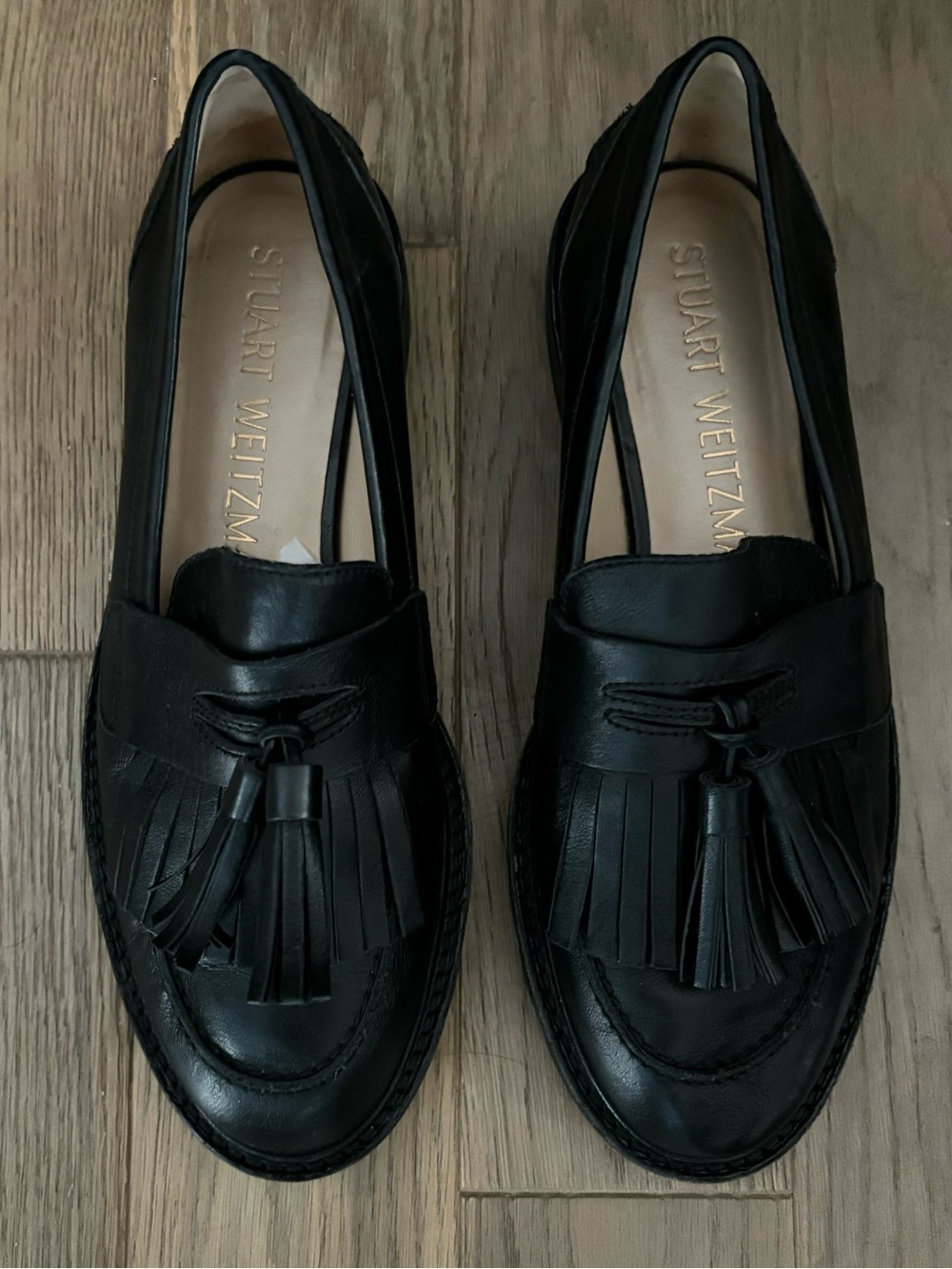 STUART WEITZMAN Tassel Leather Loafers Black Size 8.5 Academia Made in Italy